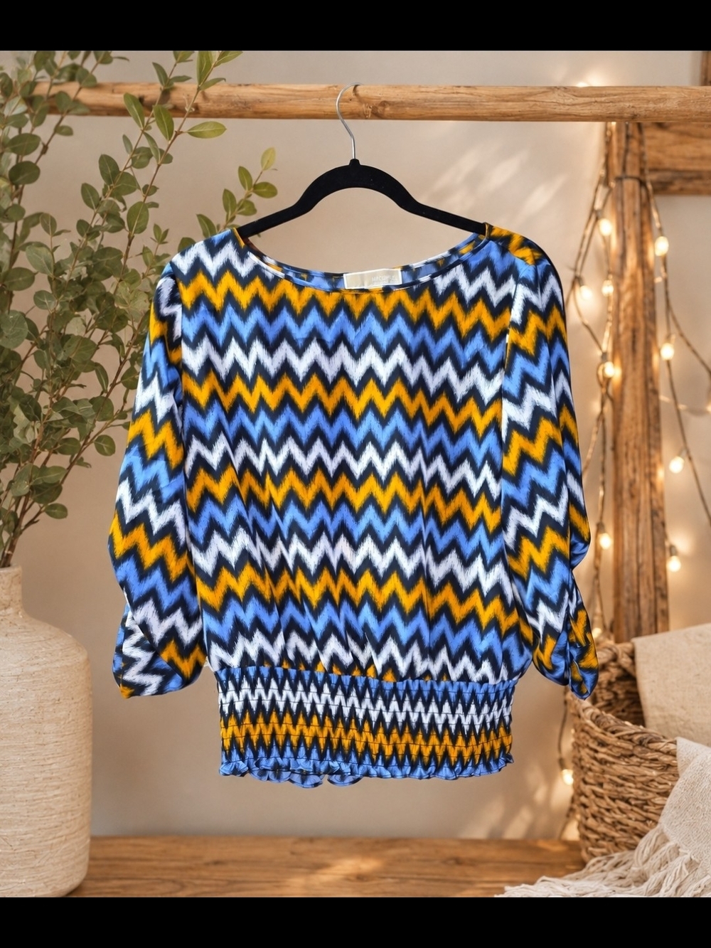 Michael Kors Blue, Yellow & White Chevron Smocked Hem Blouse